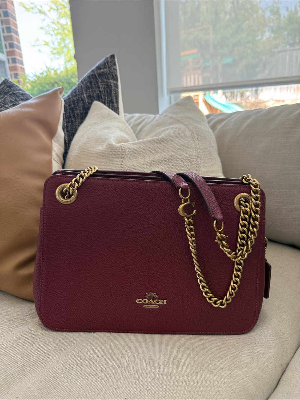Coach Burgundy Pebbled Leather Shoulder Bag with Gold Chain